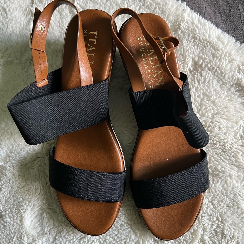 Black sling back wedge heel